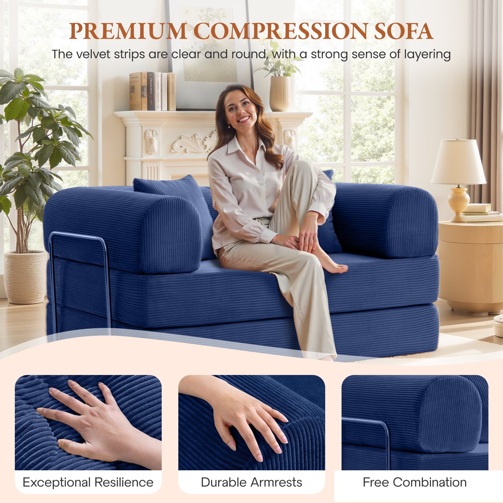 COOLHUT 63 W Combination Sofa, High Rebound Density Foam Sofa Couch, Two Forms Floor Couch Three Seats Sofa Bed for Living Room, Bedroom, Green