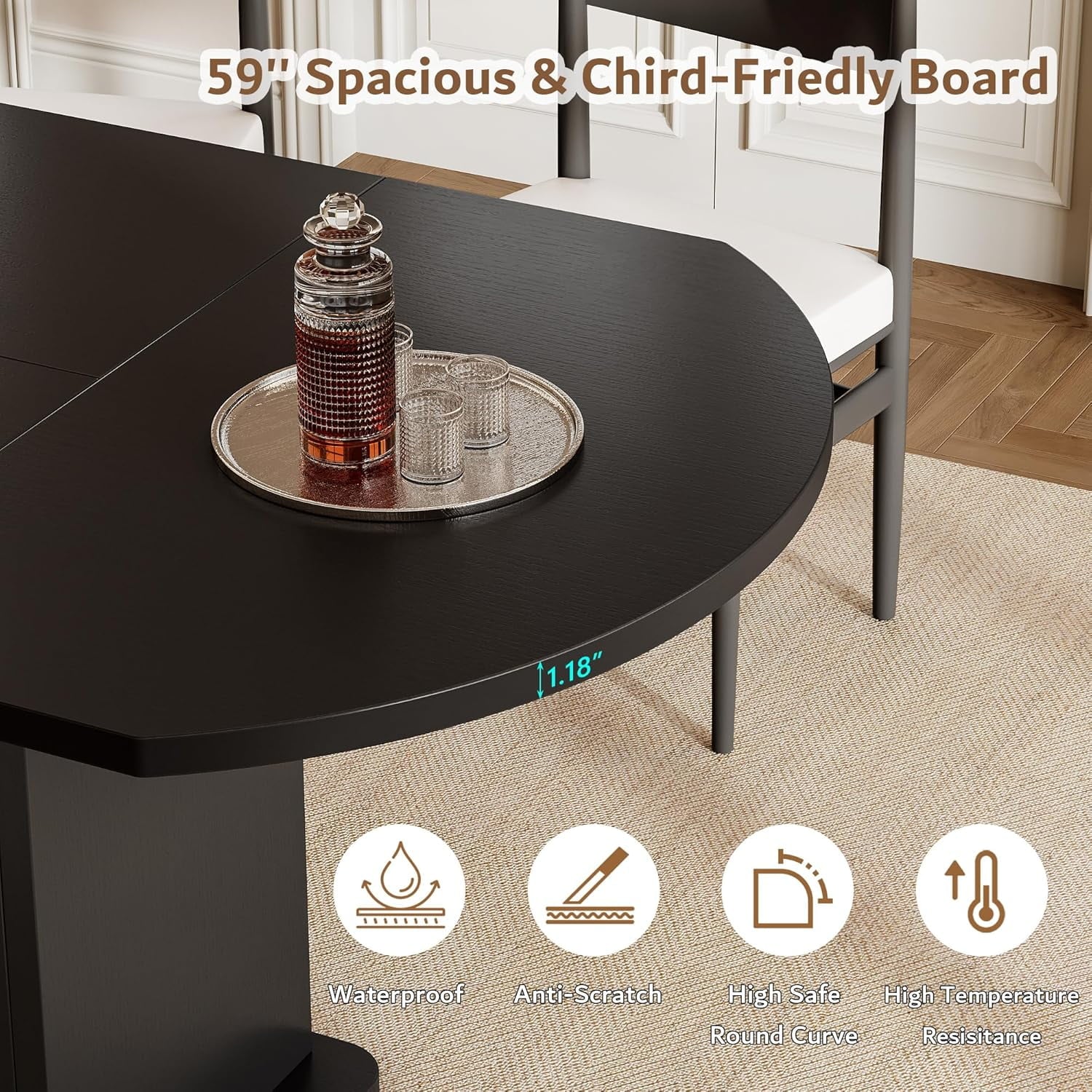 iPormis Extendable Round Dining Table for 4-6, 59'' Modern Kitchen Table with 2-Tier Storage Shelf, Wood Door, MDF Board, Space Saving Oval Dinner with Sturdy Pedestal Base, Kitchen, Dining,Walnut