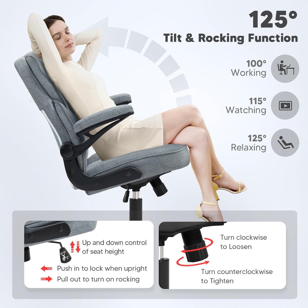 SEATZONE Ergonomic Home Desk Office Chair with Armrests and Wheels, Comfortable Swivel Task Executive Computer Chair, Velvet Fabric for Adults and Teens,Gray
