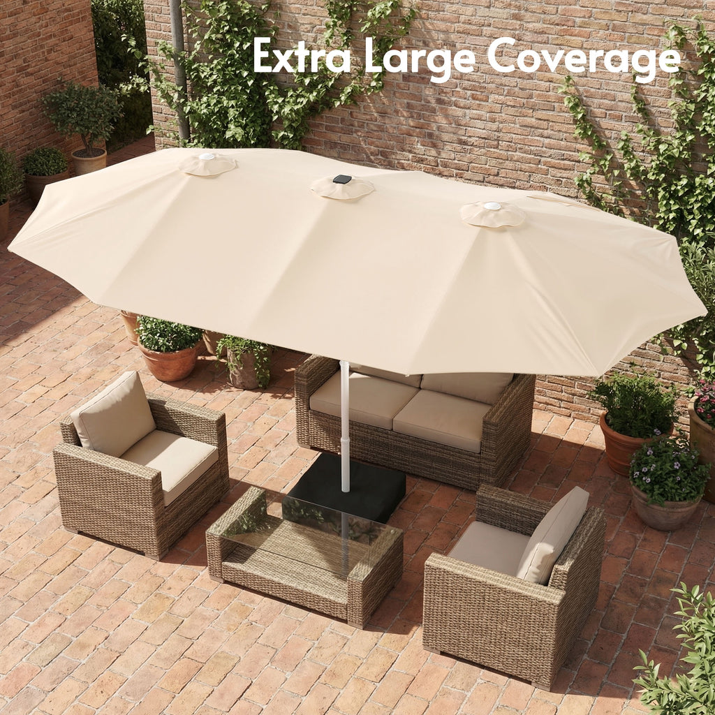 LAZZO 15ft Large Patio Umbrella with Base and Lights, Double-Sided Rectangular Outdoor Deck Umbrella, Tiki Style