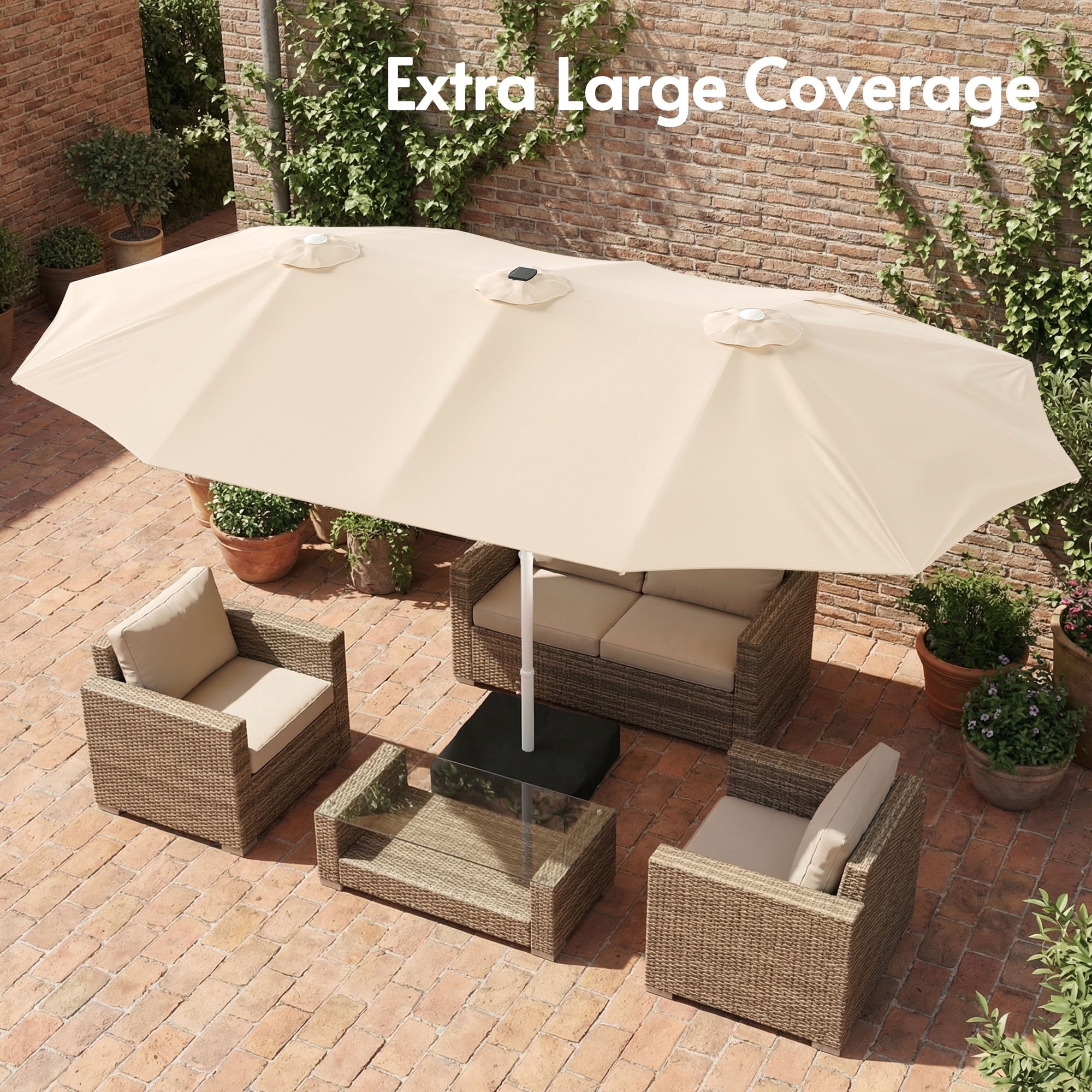 LAZZO 15ft Large Patio Umbrella with Base and Lights, Double-Sided Rectangular Outdoor Deck Umbrella, Tiki Style