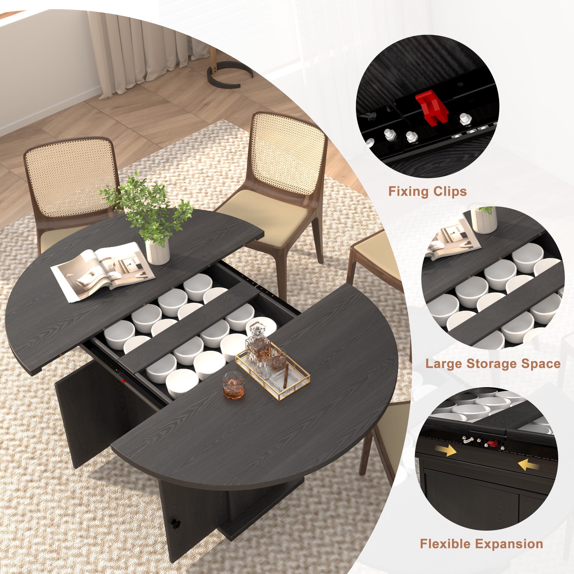 WARAYZ 43.3–59in Extendable Dining Table, Wood Expandable Design with Hidden Storage, Rectangular Space-Saving Dark Brown