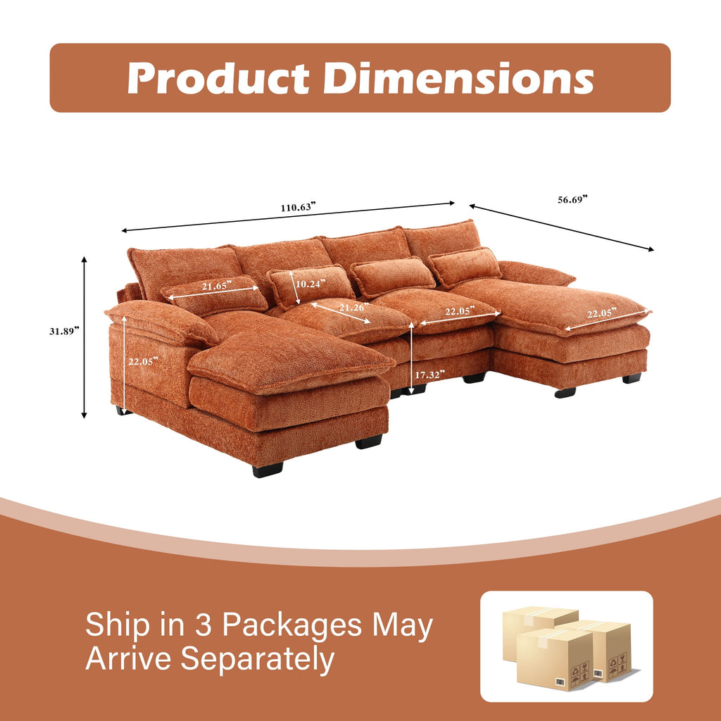 JONPONY109.45 U Shaped Couch,Oversized 4 Seat Sectional with 4 Waist Pillows, Convertible Upholstery Symmetrical Sofá,Sleeper Sofa Couch with Double Chaise Lounge &Memory Foam for Living Room, Beige