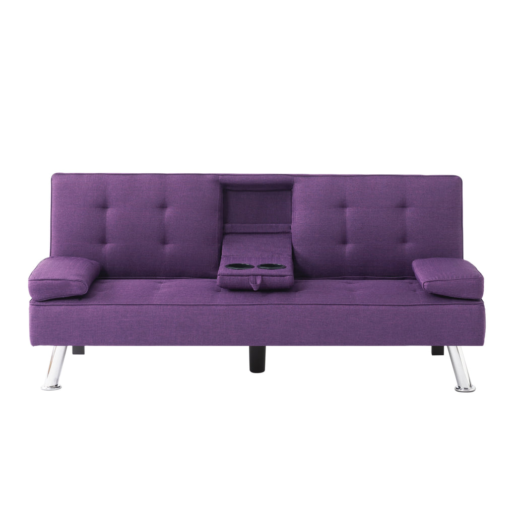 BSHTI 65 Modern Velvet Futon Sofa Bed with Drop Down Cup Holders, 3-Position Adjustable Backrest, Removable Arm Cushions, Chrome Legs for Living Room & Guest Room Black