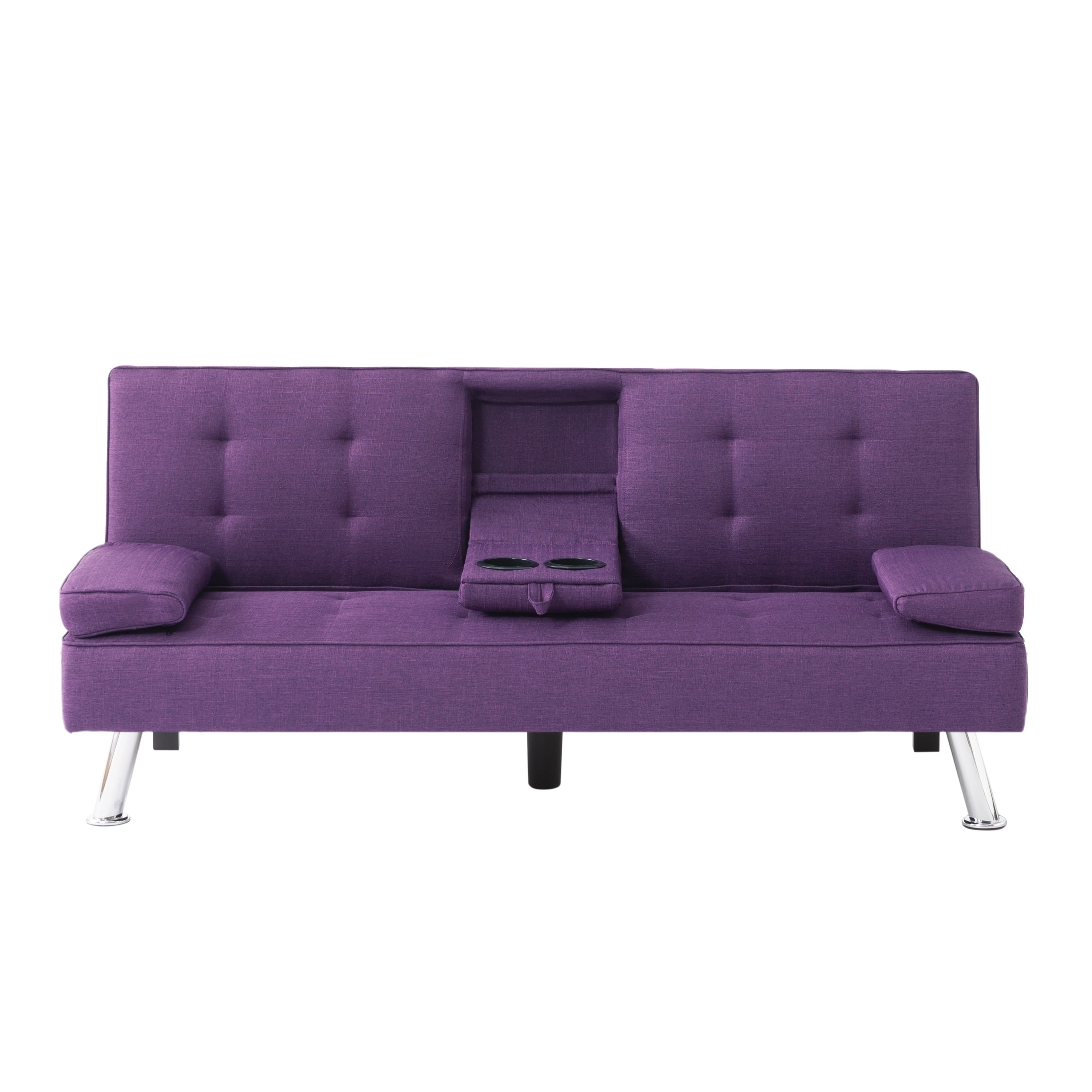 BSHTI 65 Modern Velvet Futon Sofa Bed with Drop Down Cup Holders, 3-Position Adjustable Backrest, Removable Arm Cushions, Chrome Legs for Living Room & Guest Room Black