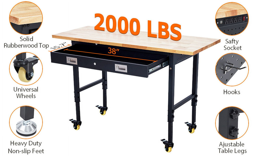 Garvee 60 x 22 in Garage Workbench with Rubber Wood Top & Cold Rolled Steel Structure, Work Bench with Drawer, Power Strip with 9 ft Cord