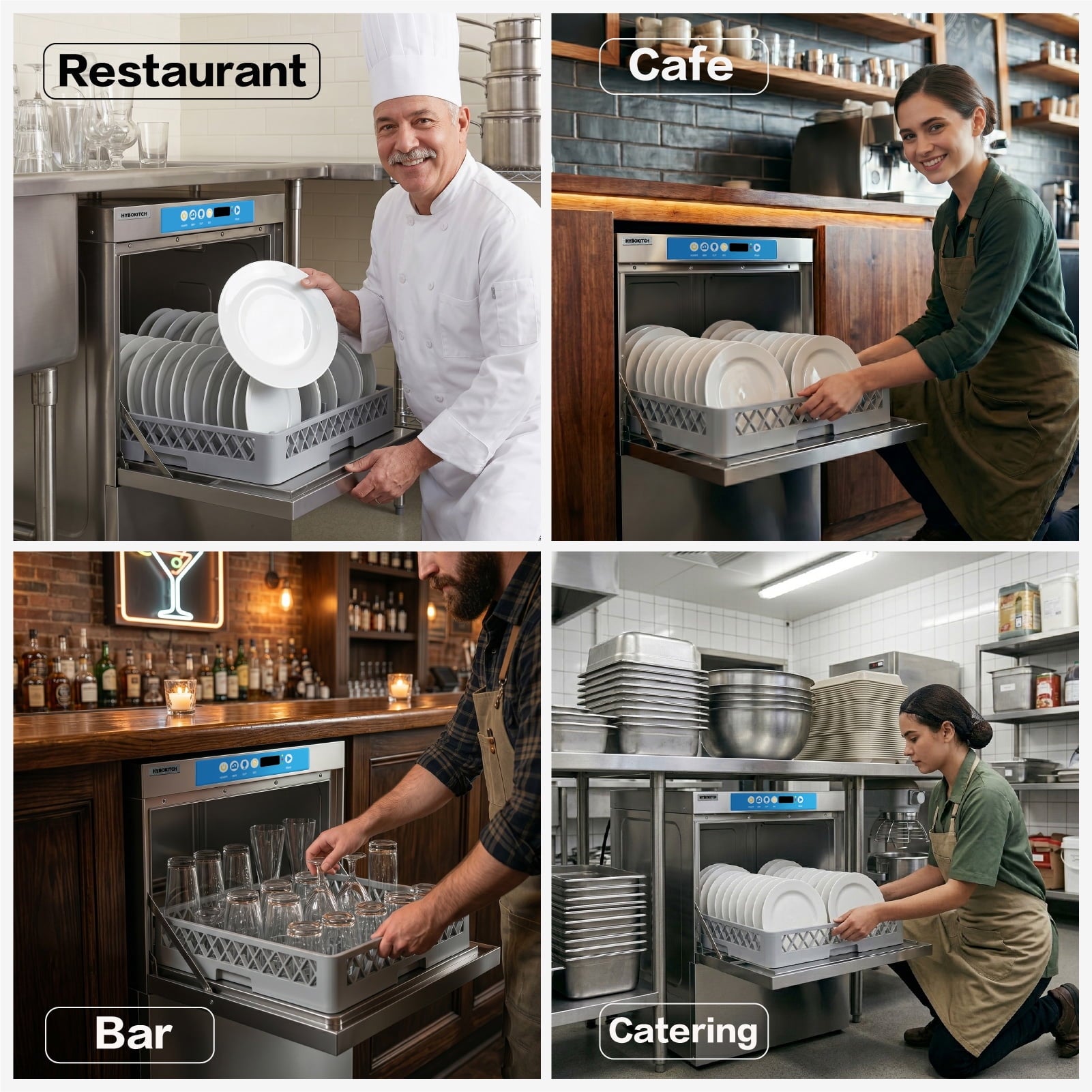 Commercial-Grade Dishwasher/Glasswasher with Plug, Built-in Booster & Drain Pump, Built-in Detergent & Rinse Aid Pumps, Up to 40 Racks/Hr, 208~240V