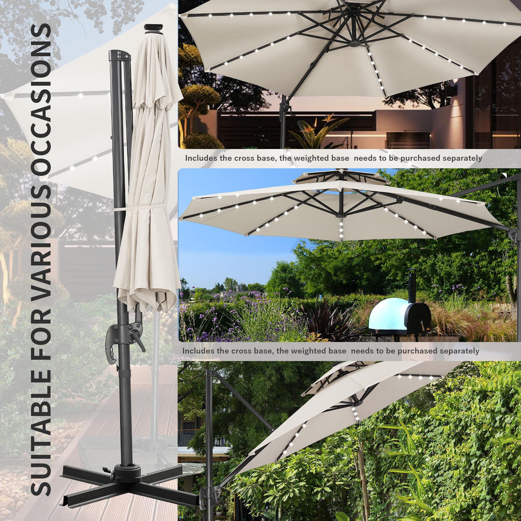 Ainfox 10ft Double Top Heavy-Duty Patio Cantilever Umbrella with lights and Cross Base, Outdoor Large Offset Hanging Aluminum Rotation Sun Shade Solar Umbrella with 360°Rotation Adjustable,Khaki