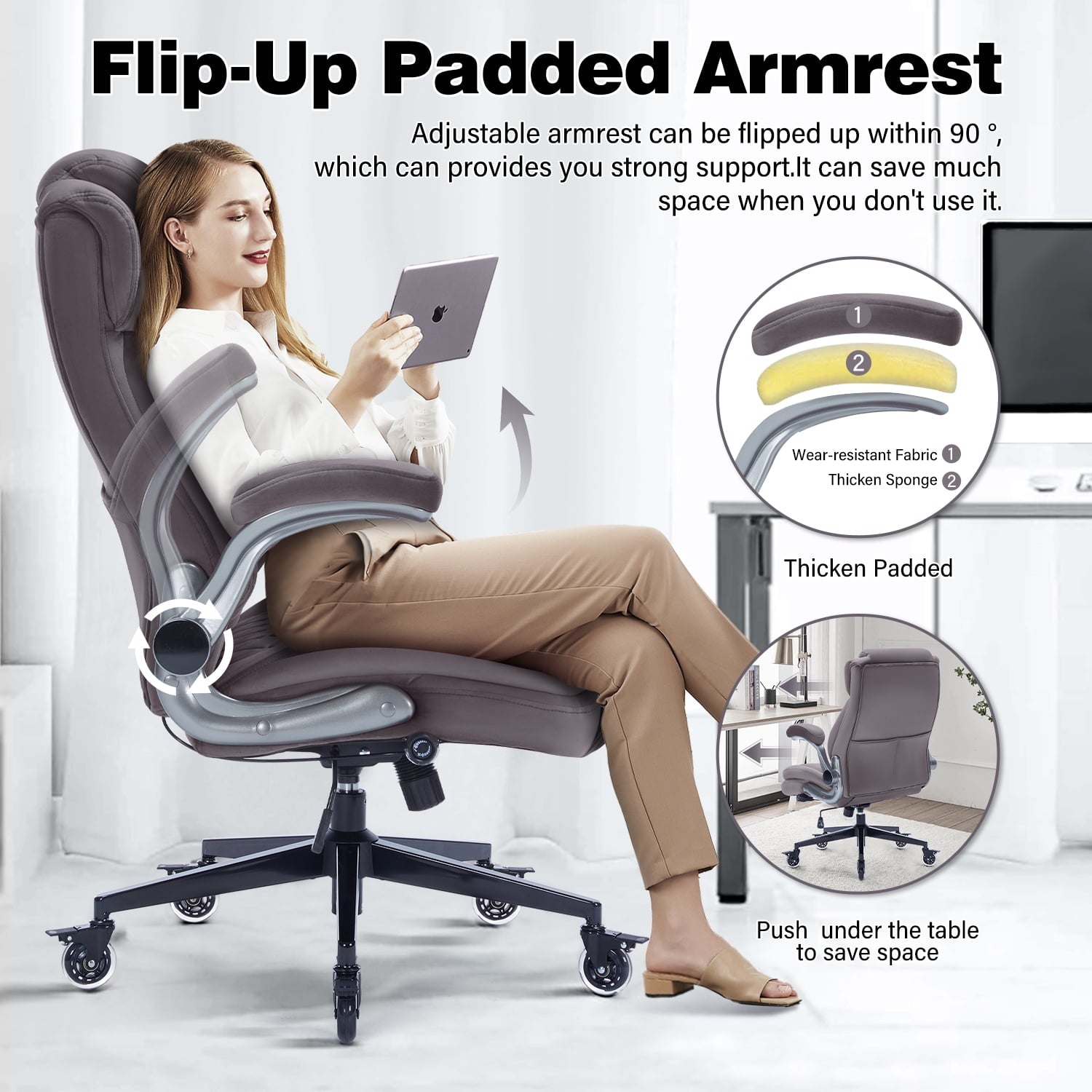 High Back Office Chair with Lockable Wheels, 400lbs Large Fabric Executive Desk Chair, Adjustable Lumbar Support Flip up Arms, Ergonomic Home Office Computer Chair with Storage Pocket, Black