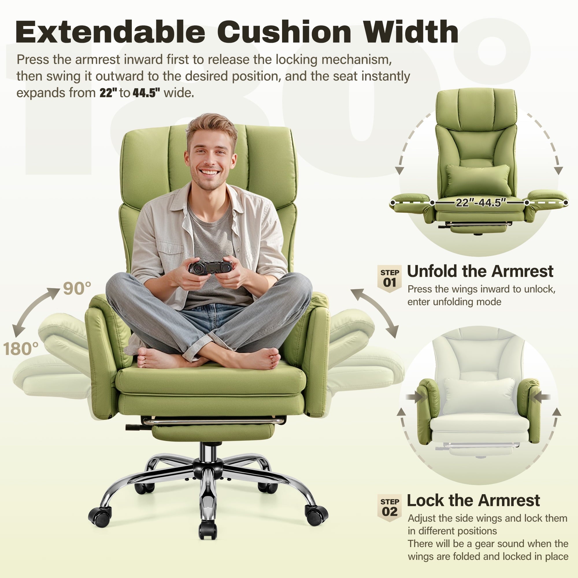 Primy Cross Legged Office Chair with Footrest & Convertible Armrests, 500LBS Capacity Home Desk Chair, Ergonomic Recliner with Lumbar Pillow, Criss Cross Design, Big and Tall Executive Chair