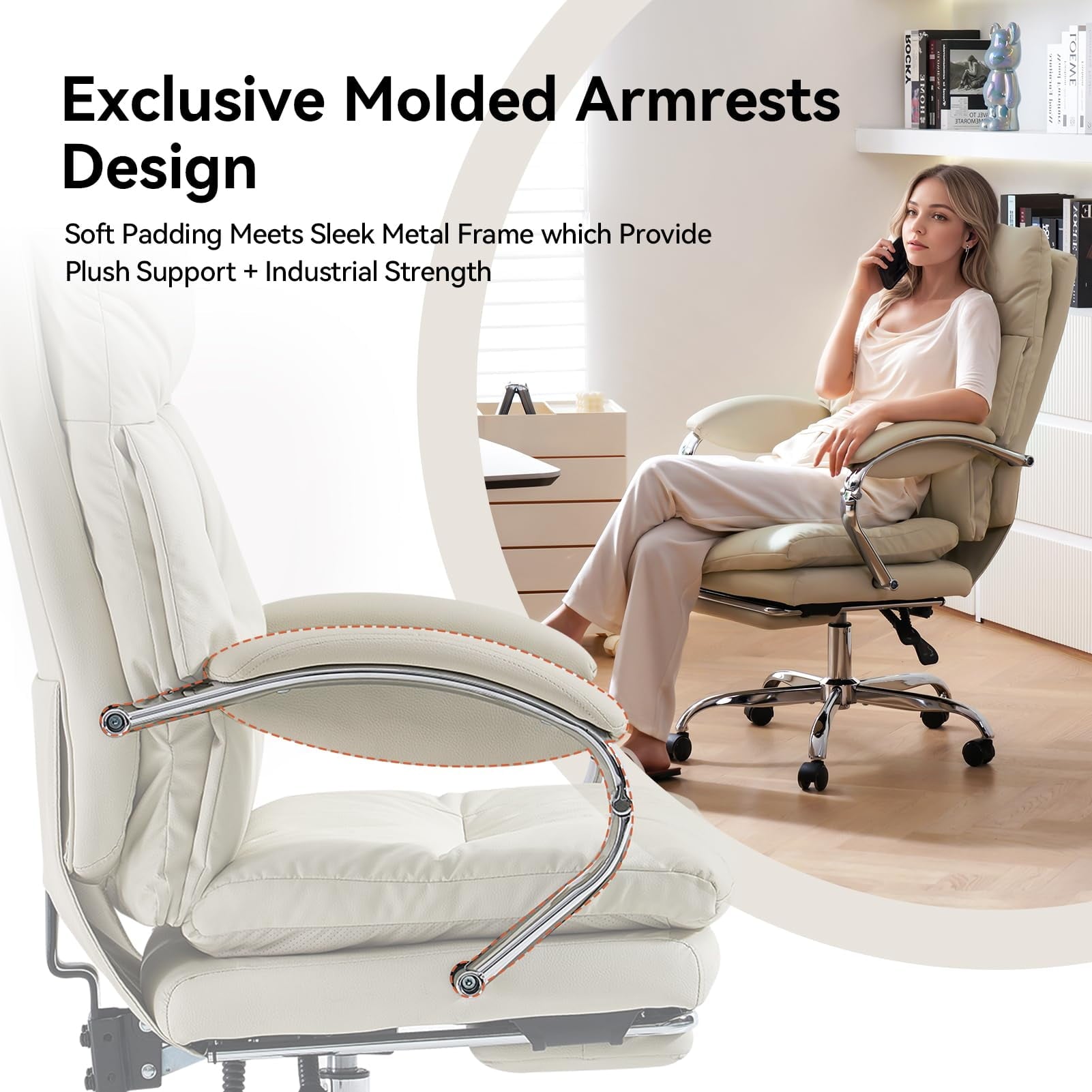 LEAGOO Reclining Office Chair with Foot Rest, Executive Office Chairs with Arms, Ergonomic High Back PU Leather Comfy Swivel Computer Desk Chairs with Wheels and Lumbar Support for Home Office, White