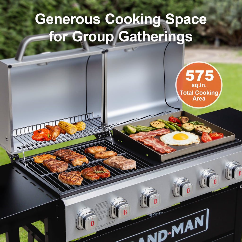 Brand Man Propane 6-Burner Combo Gas Grill with Flat Top Griddle, Heavy Duty 2-in-1 BBQ with Stainless Steel Lids for Outdoor Barbecue