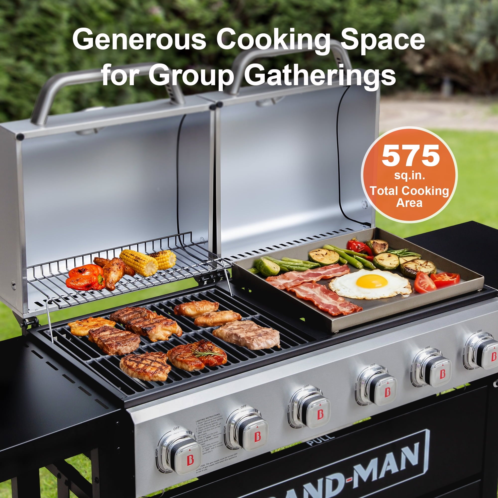 Brand Man Propane 6-Burner Combo Gas Grill with Flat Top Griddle, Heavy Duty 2-in-1 BBQ with Stainless Steel Lids for Outdoor Barbecue