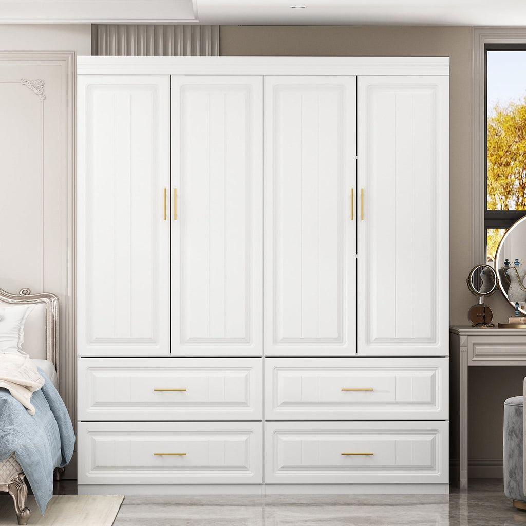 WIAWG 4 Door Wardrobe Closet with 4 Drawers & Shelves, Armoire Wardrobe Closet with Hanging Rod, for Bedroom White and Gold