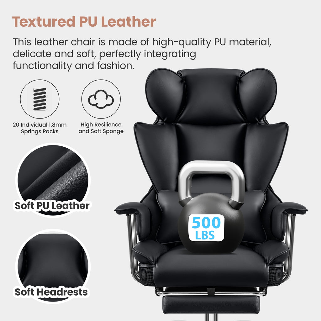 ATHOPE Executive Leather Office Chair 500lbs, Big and Tall Desk Chair with Footrest, High Back Ergonomic Reclining Computer Chair, High-Density Foam, Heavy Duty Swivel Rolling Chair, Black