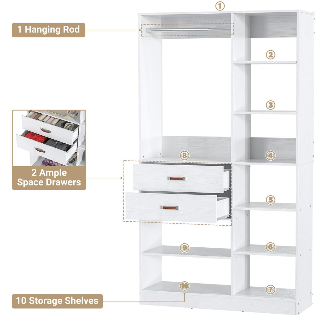 Homieasy 39.4'' W Closet System with Wooden Drawers and Hanging Rods, White