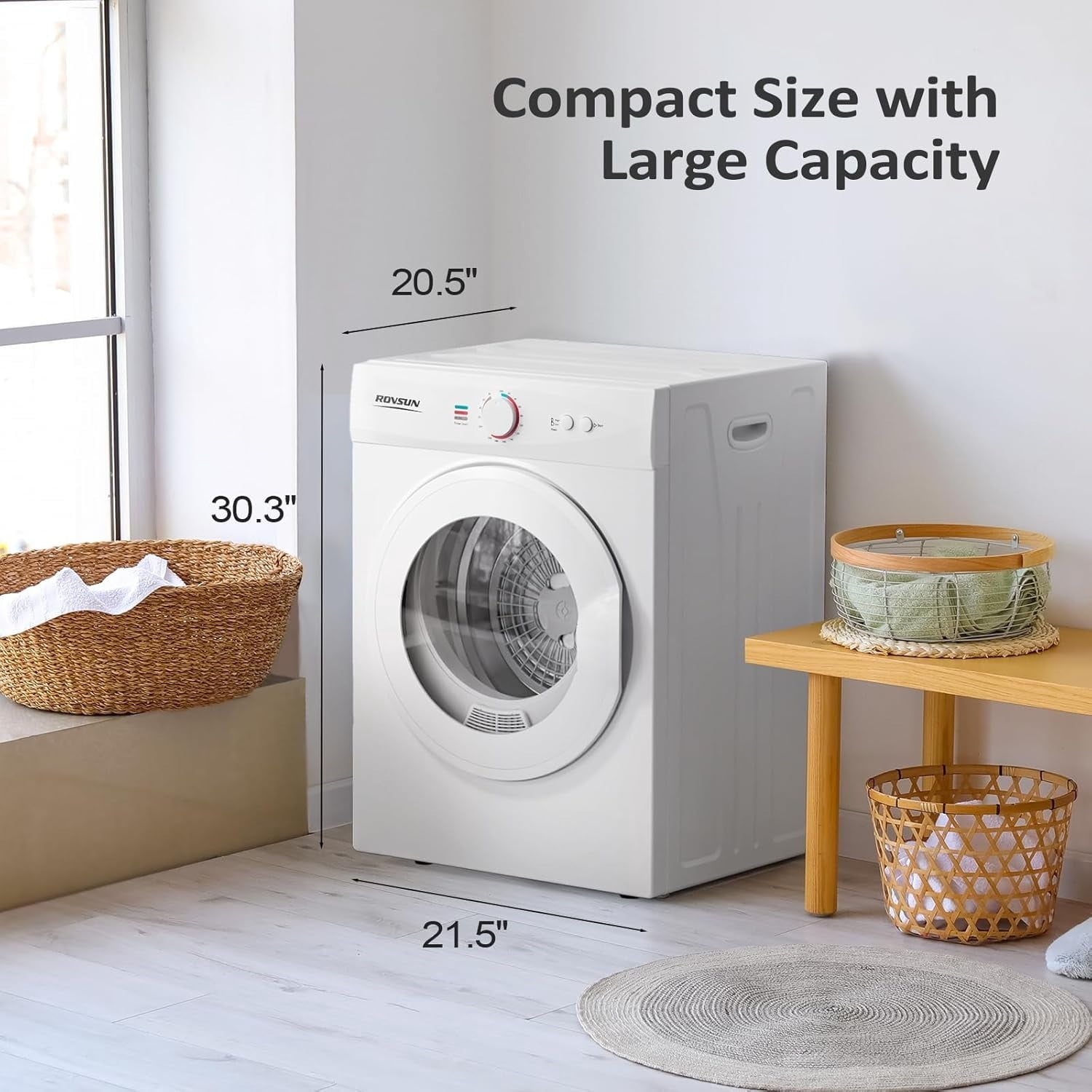 2.6 Cu.Ft White Compact Portable Laundry Dryer, 110V Electric Clothes Dryer with Stainless Steel Tub & Control Knob, Small Portable Dryer Machine for Apartment Dorm RV Indoor Use