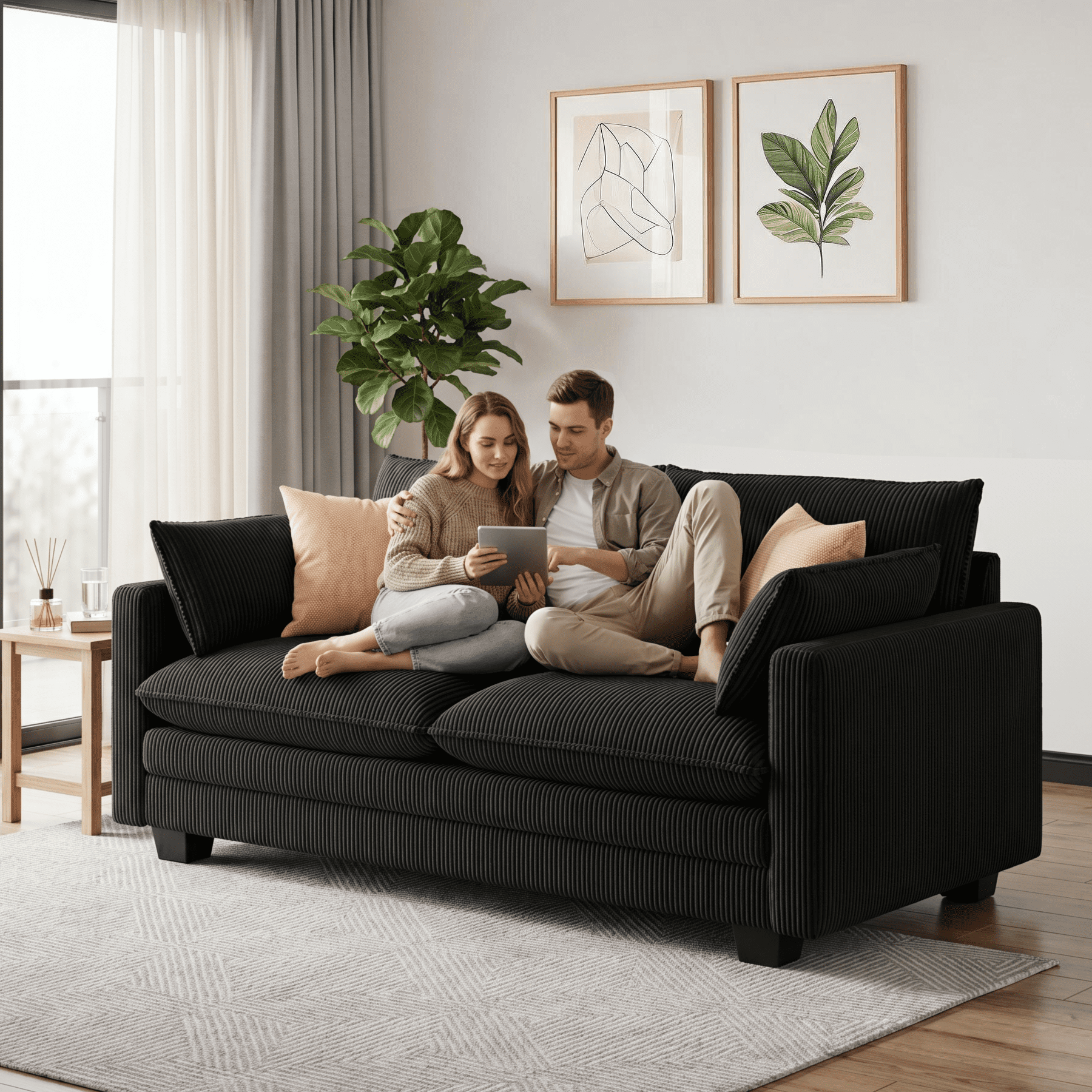 75’’ Cloud Couches for Living Room, Noelse L Shaped Modular Sofa with Deep Seats, 2 Seater Love Seat Couch with Removable Washable Corduroy Fabric for Living Room Bedroom and Apartment, Gray