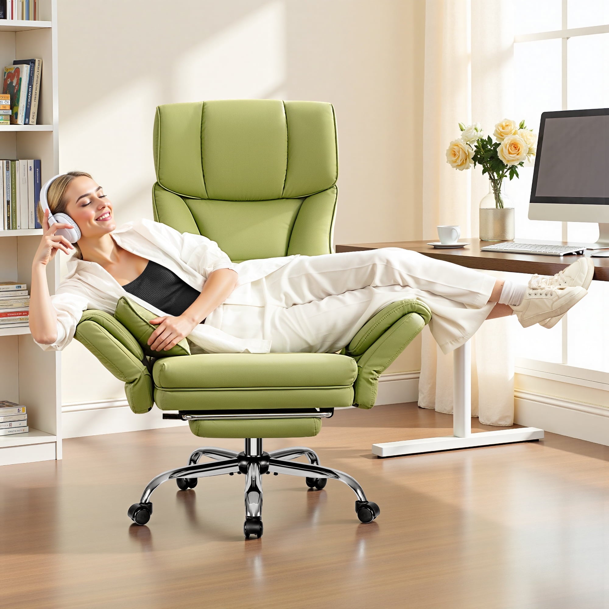 Primy Cross Legged Office Chair with Footrest & Convertible Armrests, 500LBS Capacity Home Desk Chair, Ergonomic Recliner with Lumbar Pillow, Criss Cross Design, Big and Tall Executive Chair