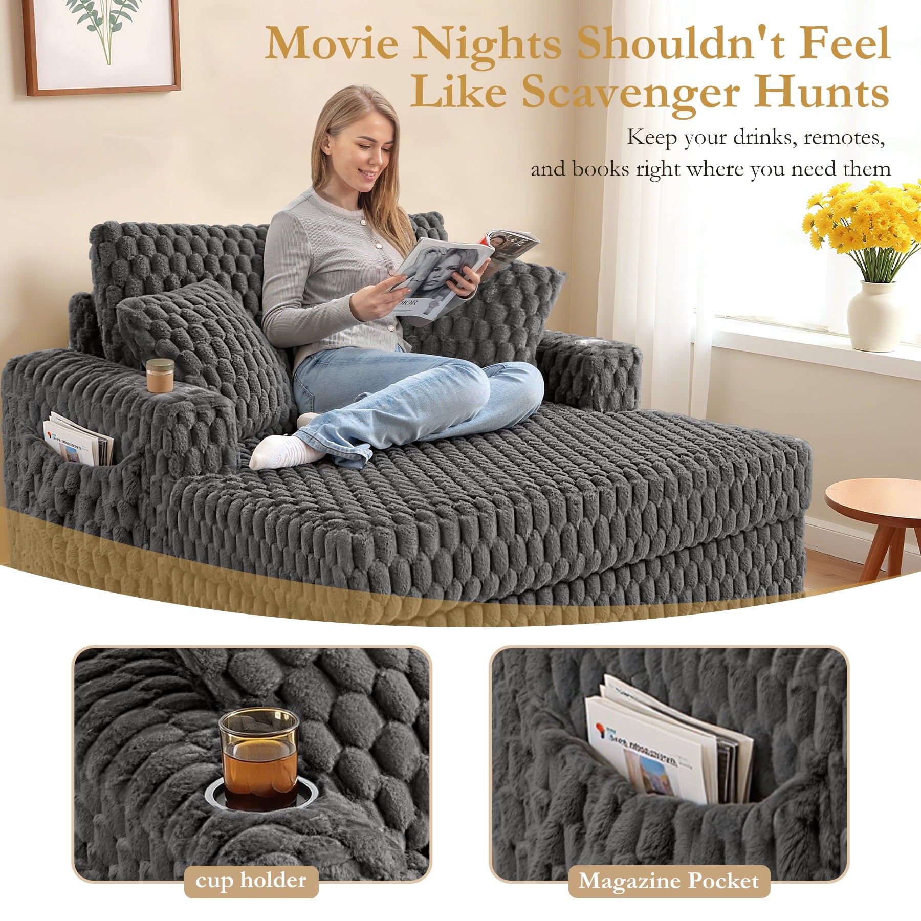ATHOPE 67.3 Chaise Lounge Chair Indoor, Corduroy Couch Chair with Pillows, Comfy Reading Chairs with Wide Arms, Upholstered Sleeper Sofa for Living Room, No Assembly Required, Gray