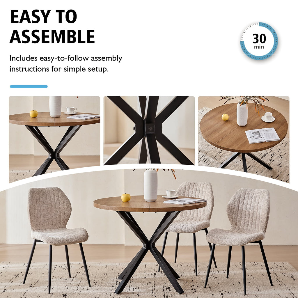 5 Piece 39 Round Dining Table Set for 4, Mid Century Kitchen Table with 4 Khaki Fabric Upholstered Dining Chairs for Apartment Living Room, Space Saving Table.