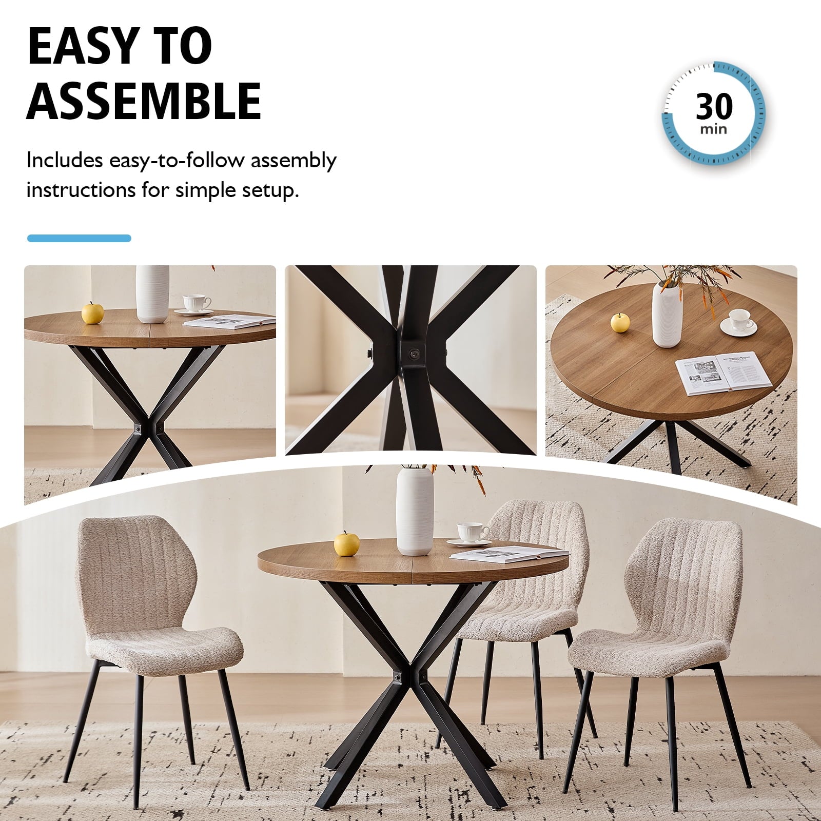 5 Piece 39 Round Dining Table Set for 4, Mid Century Kitchen Table with 4 Khaki Fabric Upholstered Dining Chairs for Apartment Living Room, Space Saving Table.