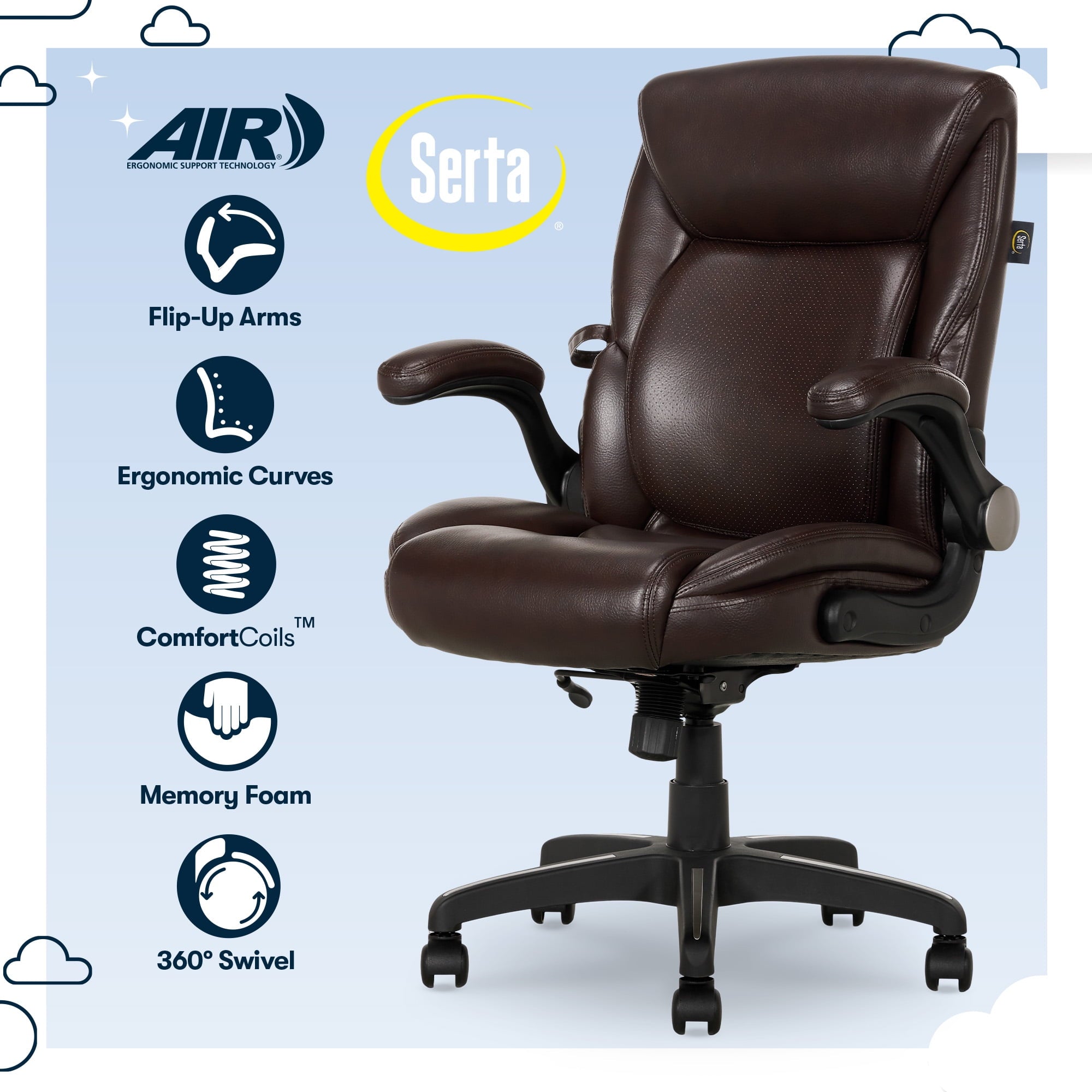 Serta Air Lumbar Bonded Leather Manager Office Chair, Gray Faux Leather