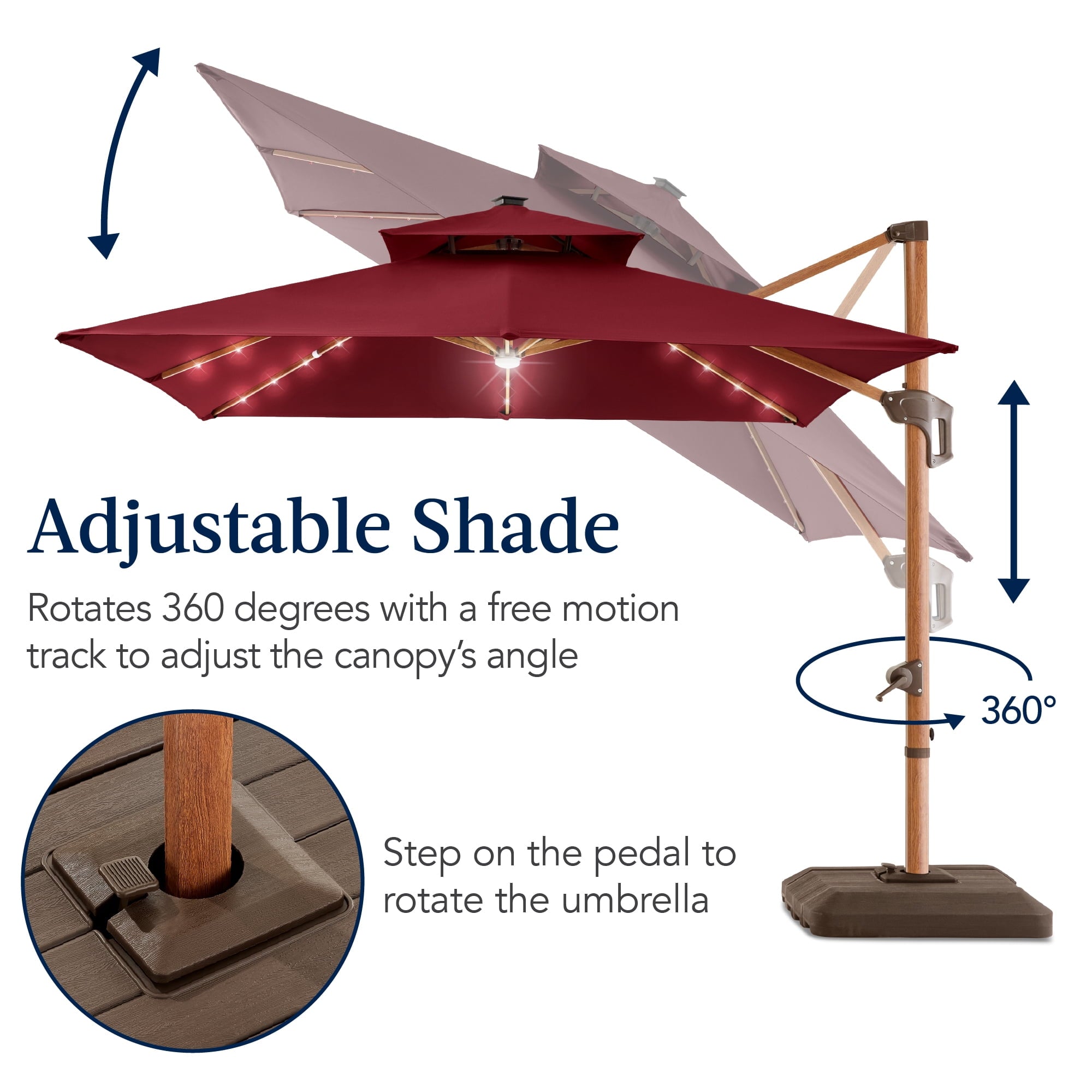 Best Choice Products 10ft Square Woodgrain Pattern 2-Tier Outdoor Solar LED Cantilever Umbrella w/ Base - Gray