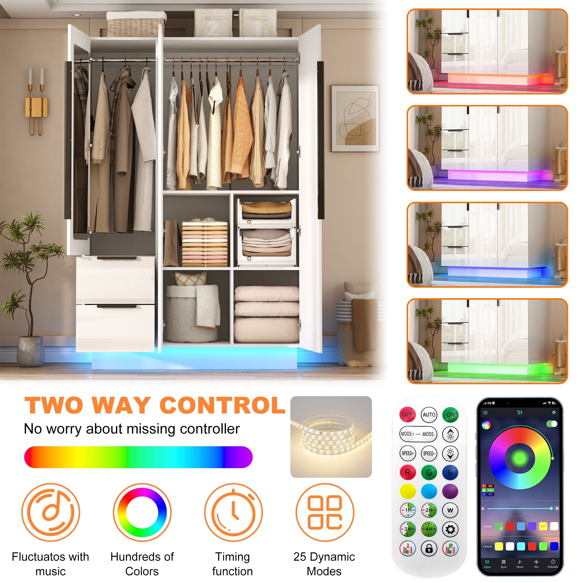 ANPOO 3 Door Wardrobe Closet with 2 Drawers & Mirror, 70H High Gloss LED Wardrobe Armoire with Hanging Rod, Wooden Large Freestanding Storage Wardrobe for Bedroom, High Gloss White Armoire
