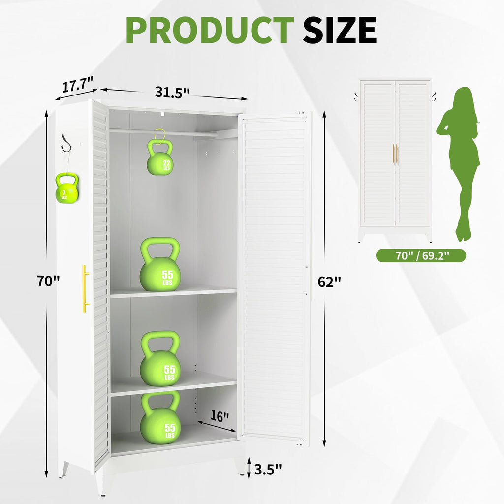 AISWORD 60 Tall Metal Wardrobe Cabinet with 1 Drawer and Hanging Rod, 2 Doors Closet with Adjustable Shelf, White