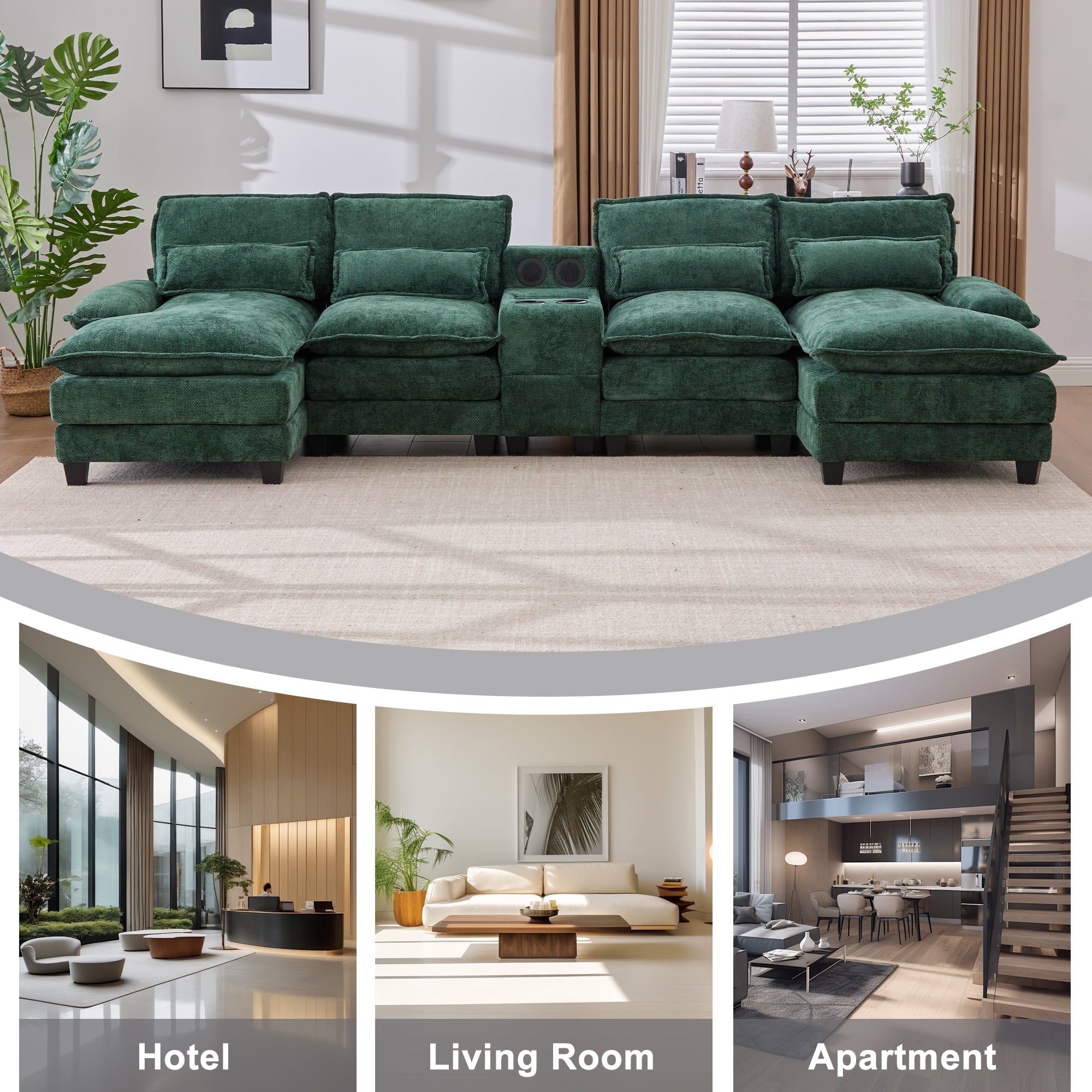Villeston 126.77 U-Shaped Cloud Sofa With Chaise Lounge, Chenille Sofa With Wireless Charging, Bluetooth Speaker, Two Cup Holders, Storage Drawer, Suitable For Living Room,Gray