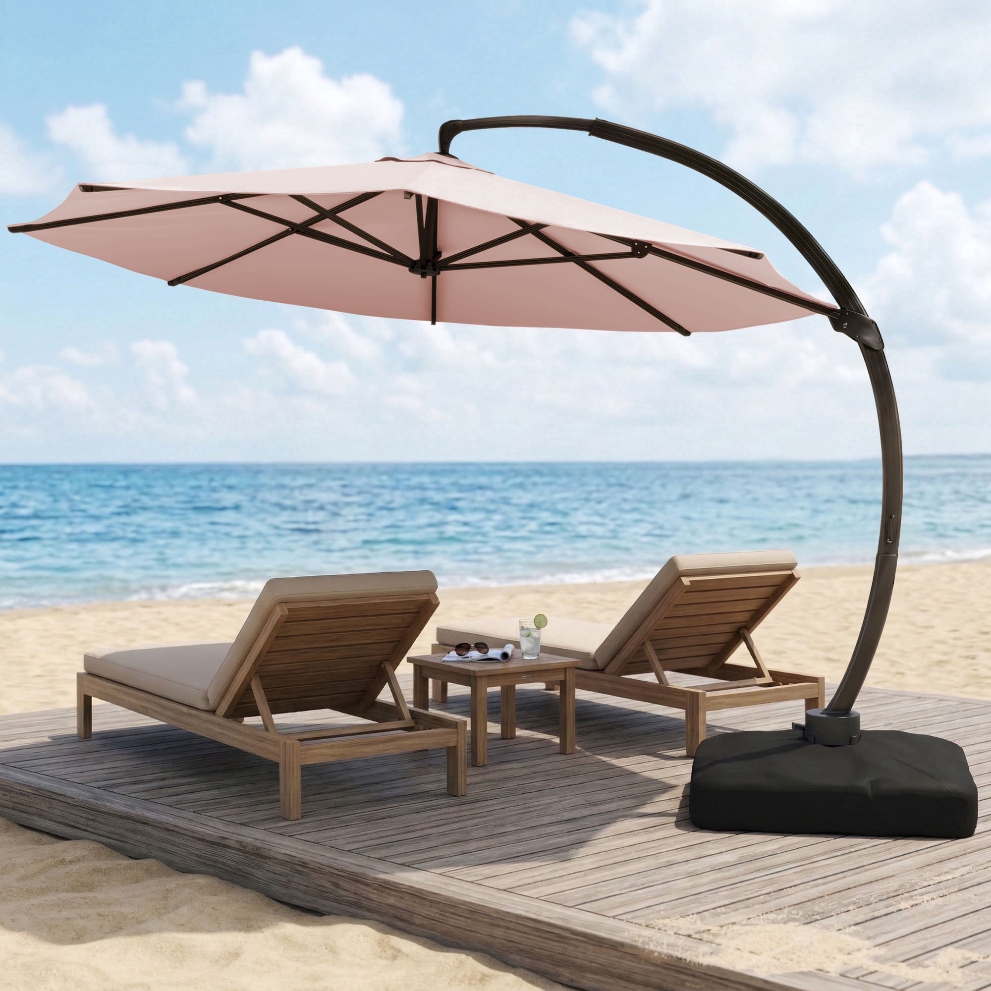 LAZZO 11ft Outdoor Patio Umbrella with Base, Aluminum Offset Cantilever Umbrella for Pool Deck, Champagne