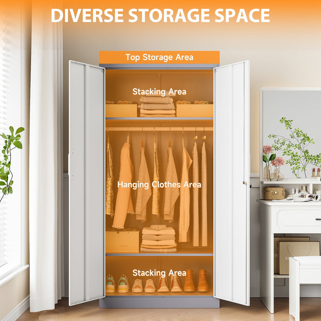 STANI Metal Wardrobe Closet with Hanging Rod, 72 White Armoire Wardrobe Cabinet with Adjustable Shelves, Clothes Storage Organizer Cabinets for Bedroom, Bathroom, Office