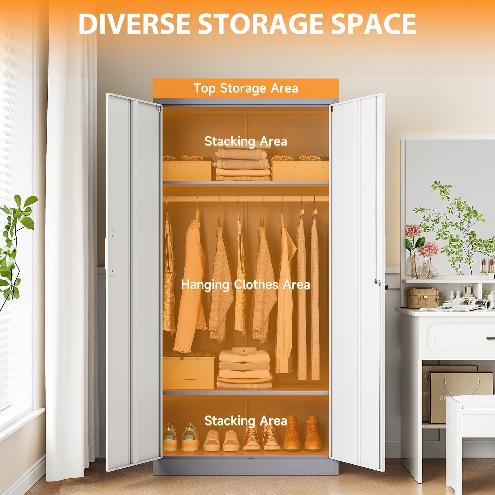 STANI Metal Wardrobe Closet with Hanging Rod, 72 White Armoire Wardrobe Cabinet with Adjustable Shelves, Clothes Storage Organizer Cabinets for Bedroom, Bathroom, Office
