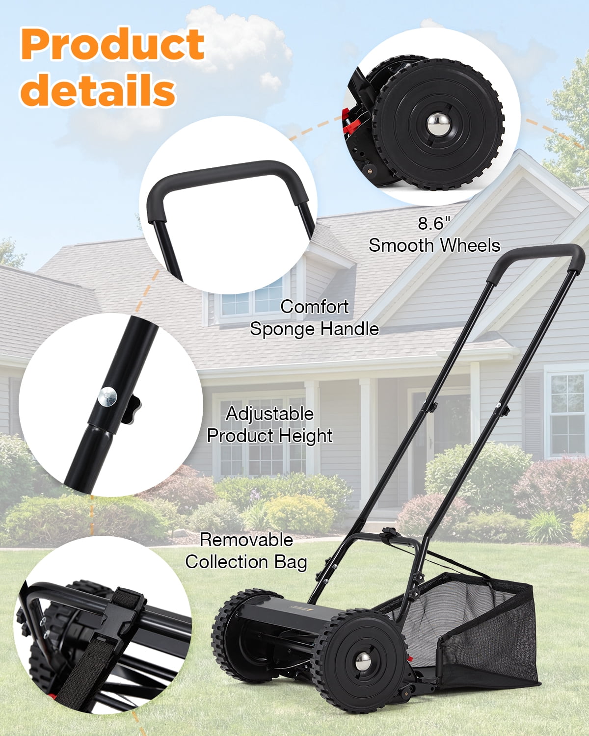JFHID 14-Inch Manual Push Reel Lawn Mower,5-Blade Design