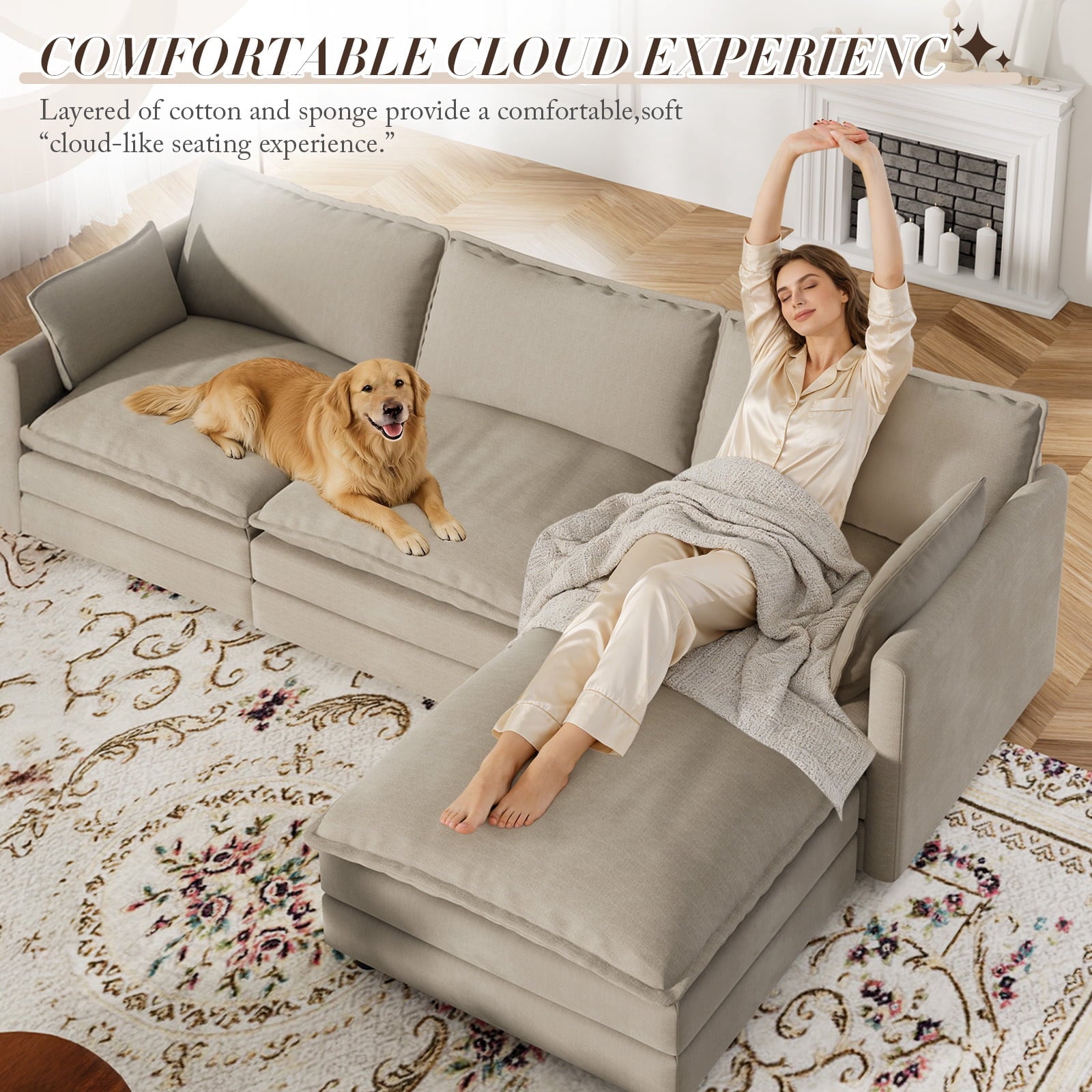 Muumblus Sectional Sofa Cloud Couch with Reversible Ottoman, L-Shaped Chenille Sofa for Living Rooms, Beige
