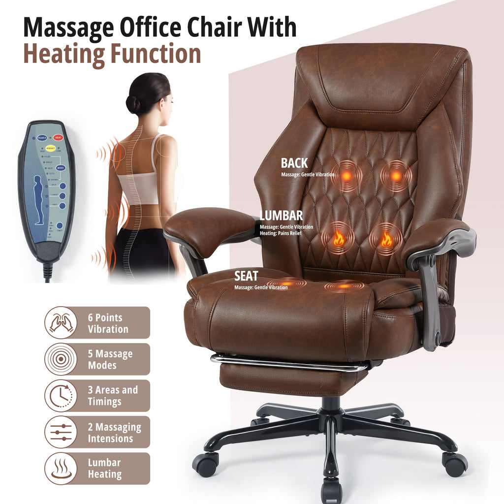 Heated Massage Office Chair with 6 Points Vibration, Reclining Ergonomic Desk Chair with Footrest for Extra Comfort, PU Leather High Back Executive Computer Chair, Thick Padded Massage Chair