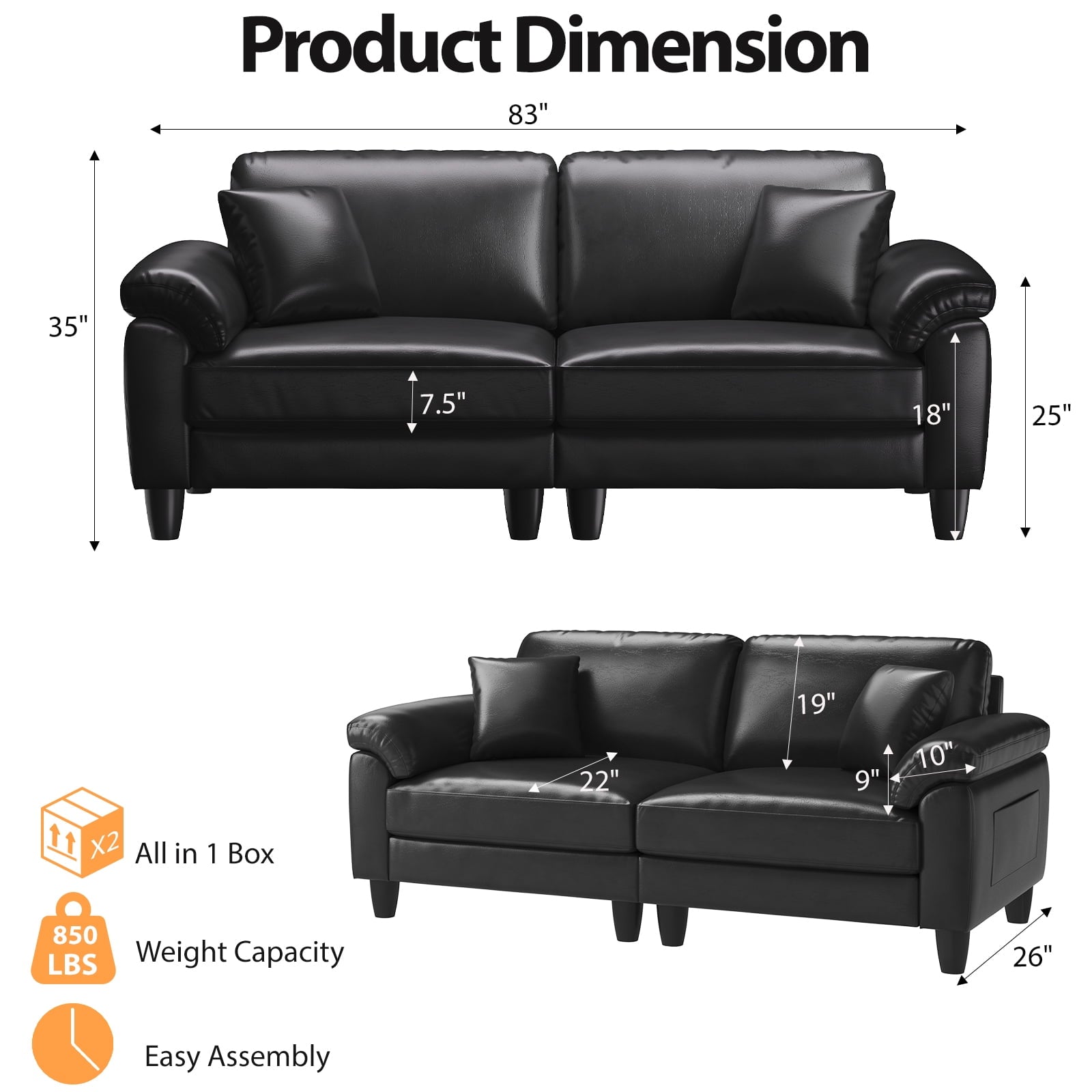 83 Couch Premium PU Leather Sofa, Comfy Extra Deep Seat 3 Seater Couch for Living Room, Oversized Loveseat with 2 Pillows, Beige