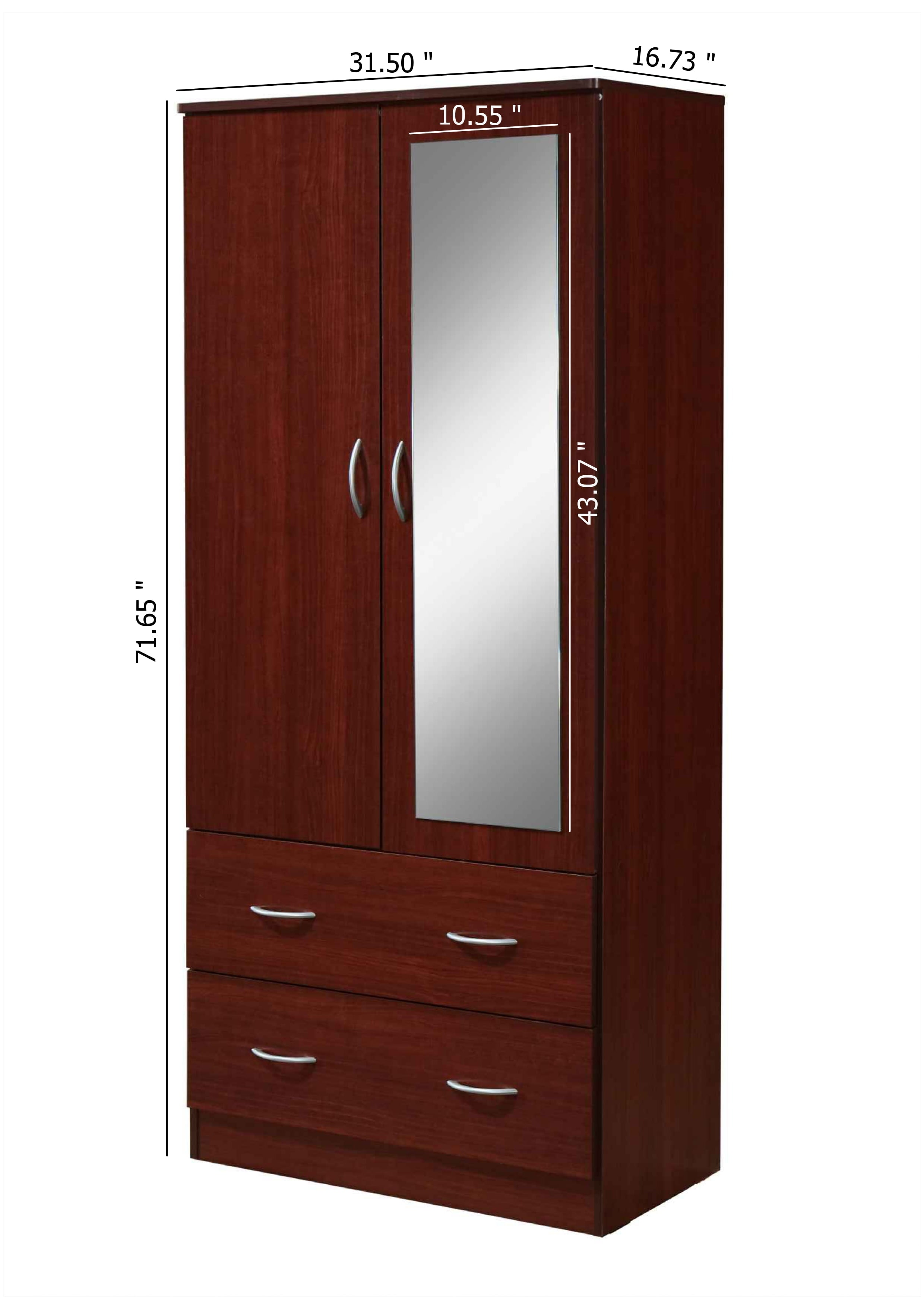 Hodedah Two Door Wardrobe with Two Drawers and Hanging Rod plus Mirror, Black