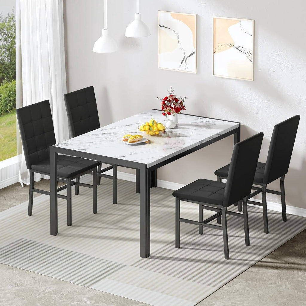 LinkRomat 5-Piece Faux Marble Dining Table Set for 4, Modern Kitchen Table with Chairs, Dinette Dining Room Furniture Set for Compact Space Saving