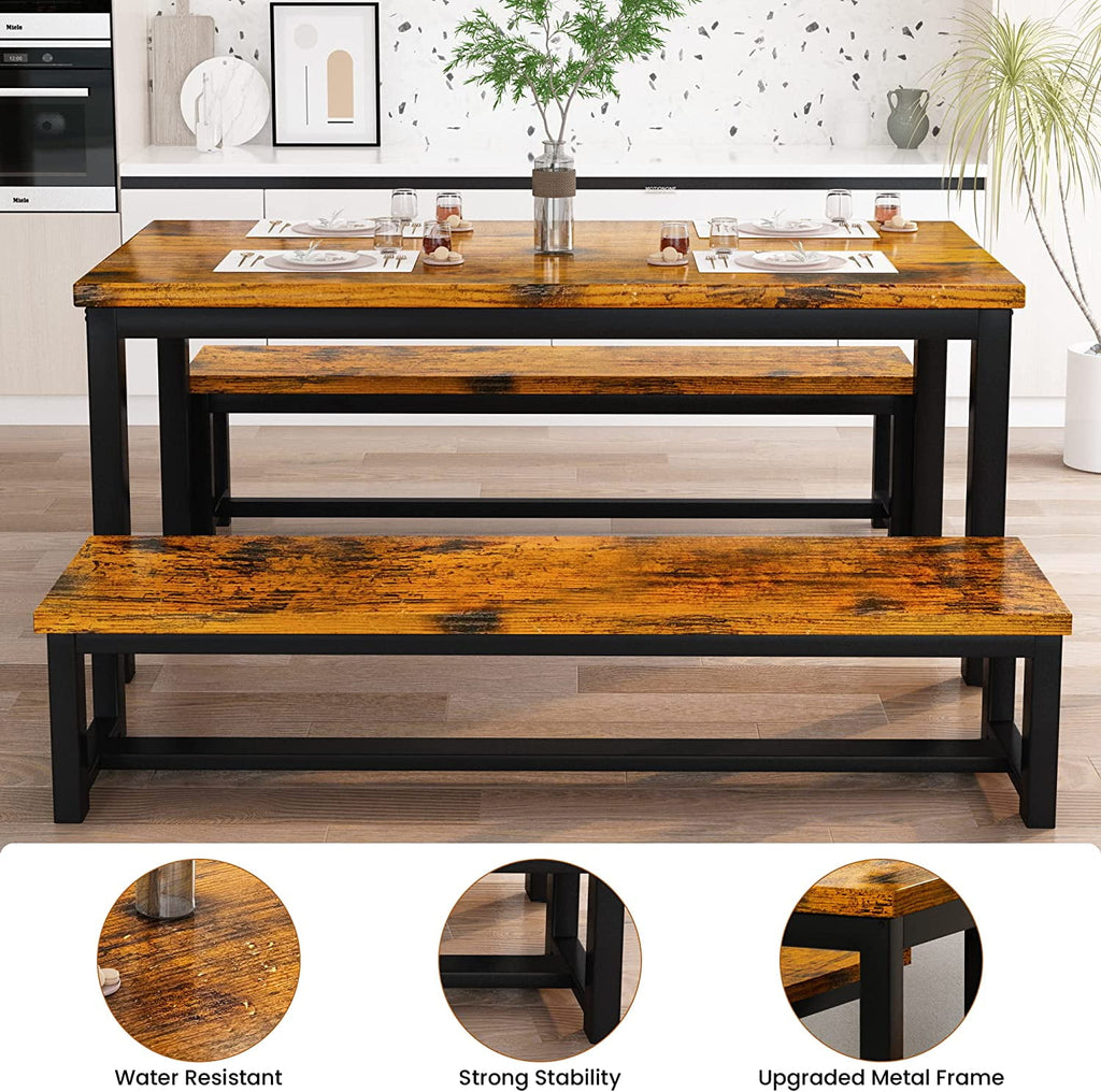 MIERES Kitchen Dining Set: Rectangular solid wood dining table with two benches, suitable for 2 to 4 people, small dining set, black