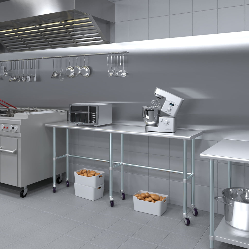 AmGood 36 Long x 30 Deep Stainless-Steel Work Table with Open Base and Wheels, Mobile Metal Table
