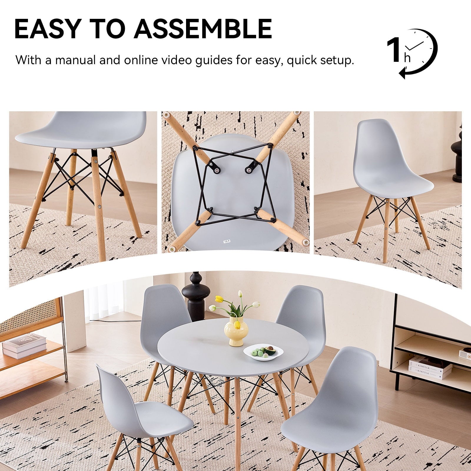 5-Piece 35.5'' Round Dining Table Set for 4, Kitchen Table Chair Set of 4, Mid-Century Modern Dinette Dining Room Table Set Dinner Table for 4 W/Solid Wood Legs, White