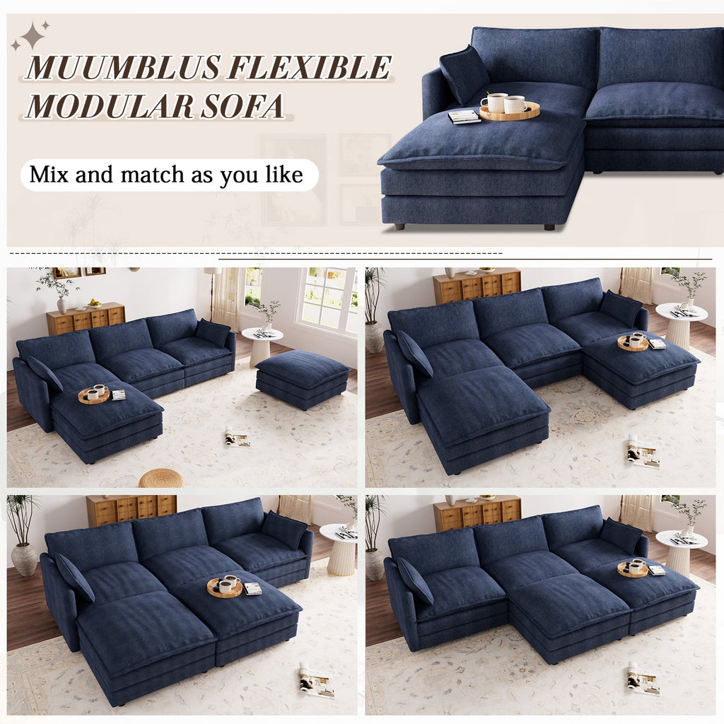 Muumblus Sectional Sofa Cloud Couch with Reversible Ottoman, L-Shaped Chenille Sofa for Living Rooms, Beige