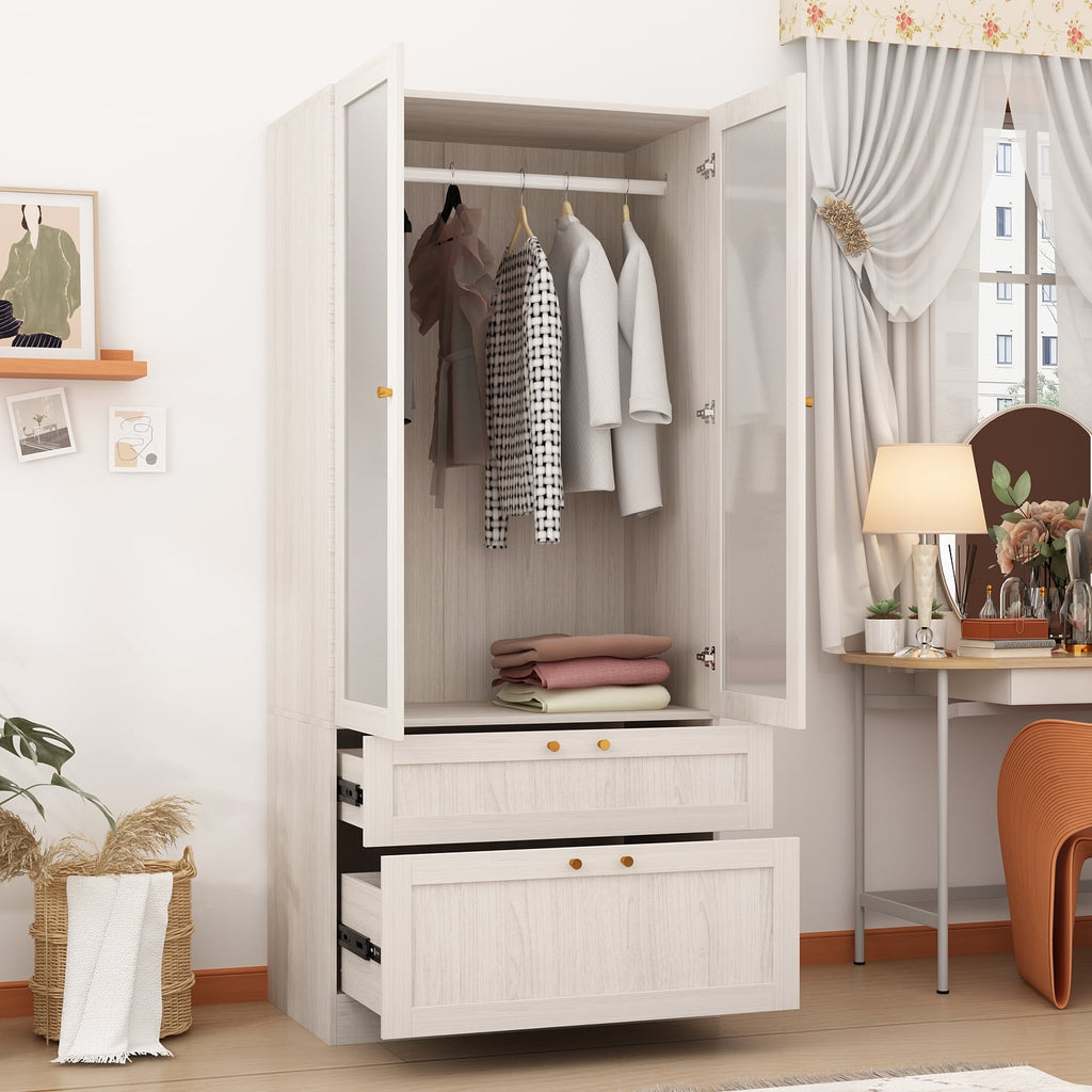 OxyLife 2 Door Wardrobe Armoire, White Closet Storage Organizer with Drawers and Shelves