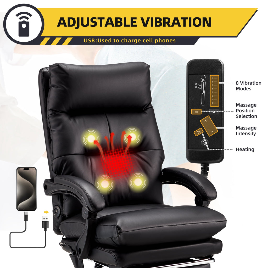 HOMREST Ergonomic Office Chair with 6-Point Massage & Heating, Adjustable Executive Desk Chair with Retractable Footrest, PU Leather Home Office Desk Chair for Home & Office (Black)