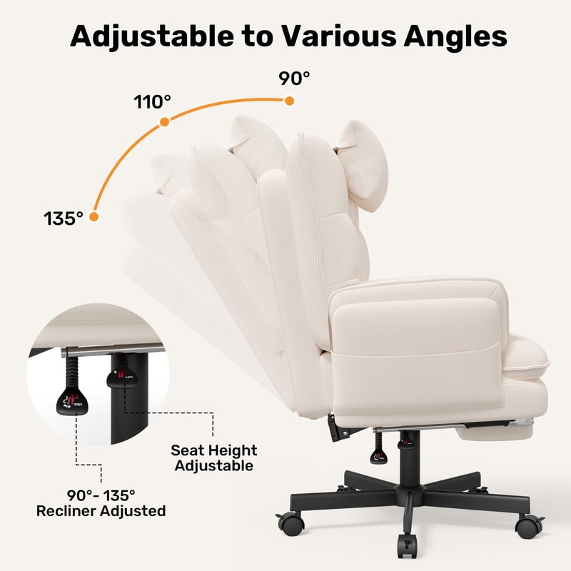 Hawsaiy Big and Tall Office Chair with Footrest, Ergonomic Executive Desk Chair with Flip-Up Arms, Reclining High Back Computer Chair with Headrest & Side Pockets, White