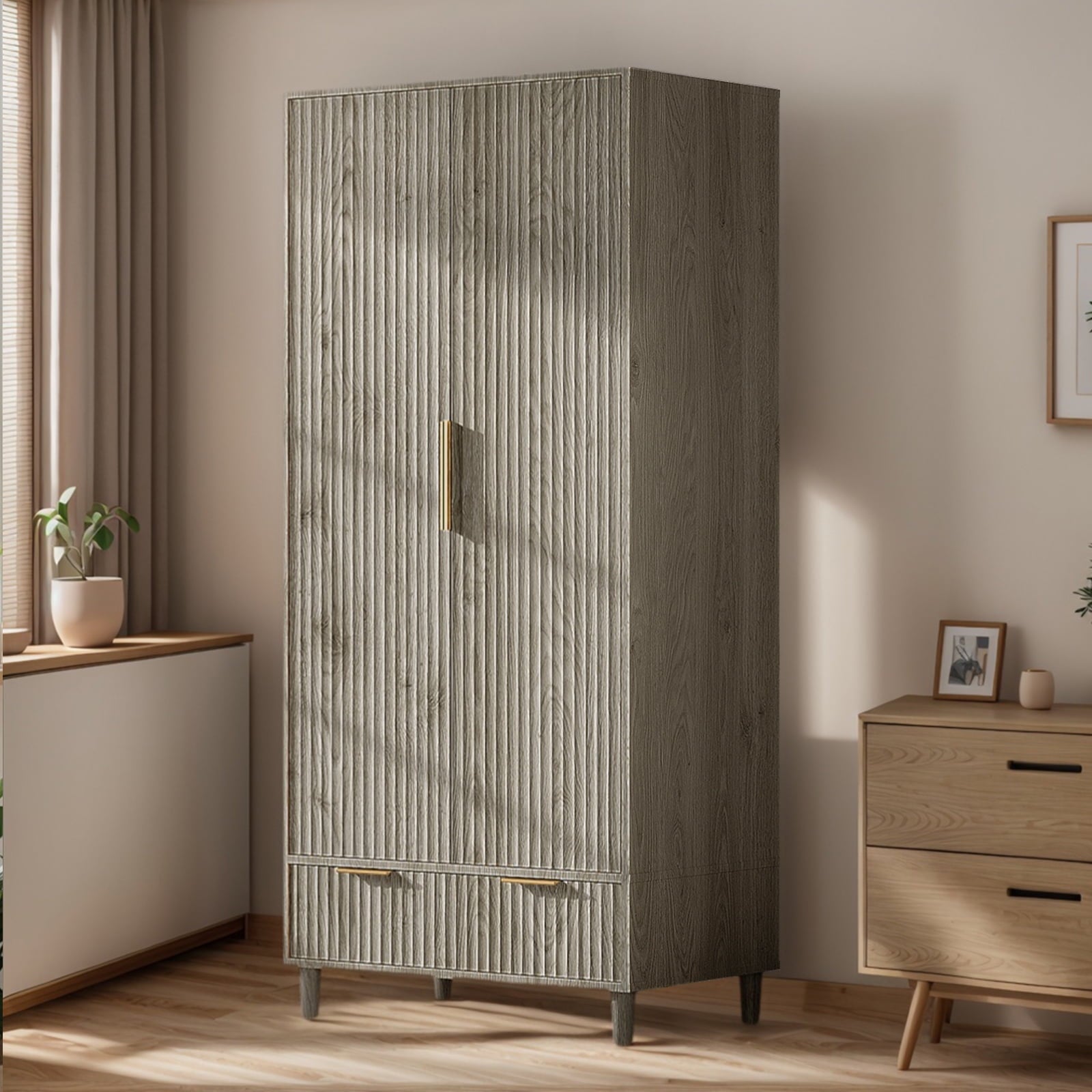 Ktaxon Wardrobe Armoire Closet with Hanging Rod, Modern Drawer & Shelf – Elegant White Finish Closet, Farmhouse to Mid-Century Style