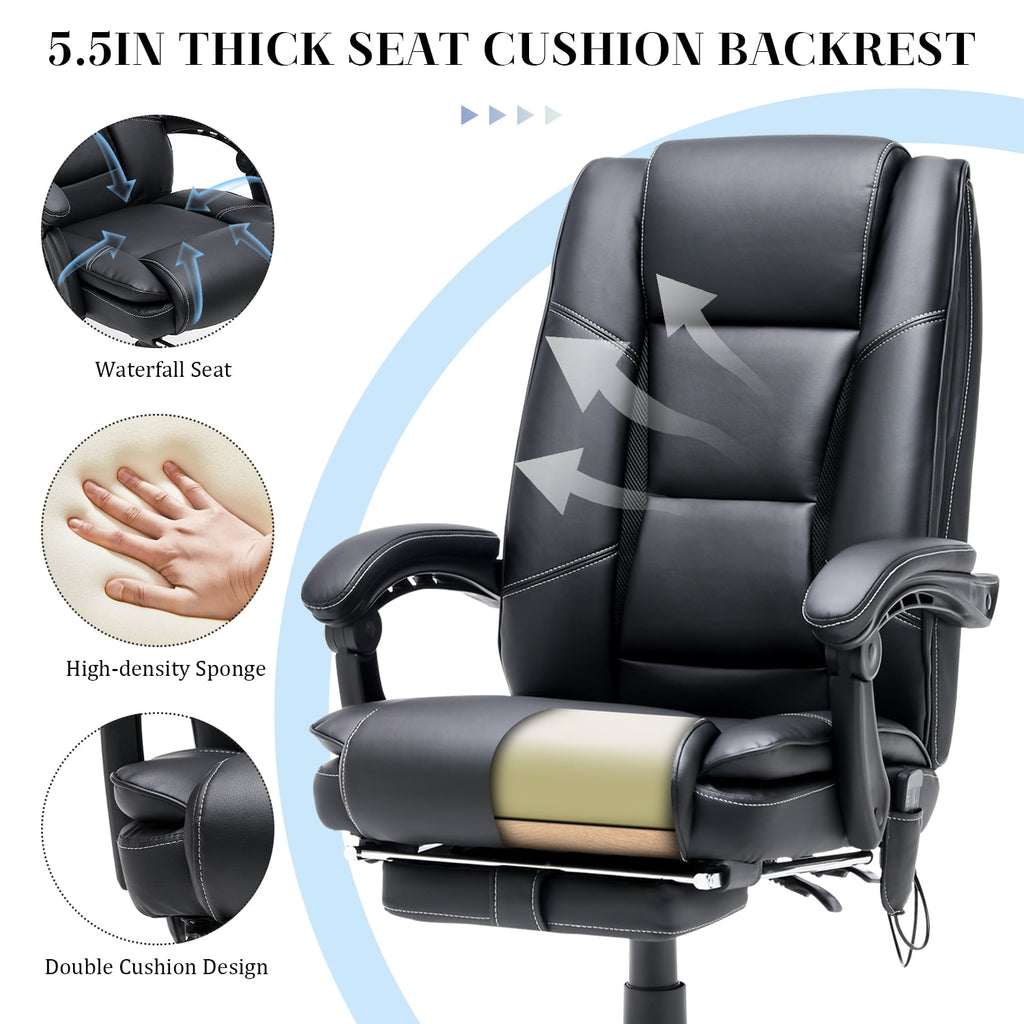 HOMREST Ergonomic Office Chair with 6-Point Massage & Heating, Adjustable Executive Desk Chair with Retractable Footrest, PU Leather Home Office Desk Chair for Home & Office (Black)