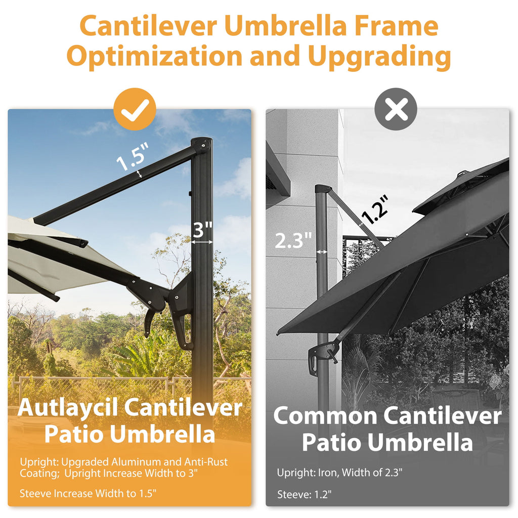 Ainfox 10ft Double Top Heavy-Duty Patio Cantilever Umbrella with lights and Cross Base, Outdoor Large Offset Hanging Aluminum Rotation Sun Shade Solar Umbrella with 360°Rotation Adjustable,Khaki